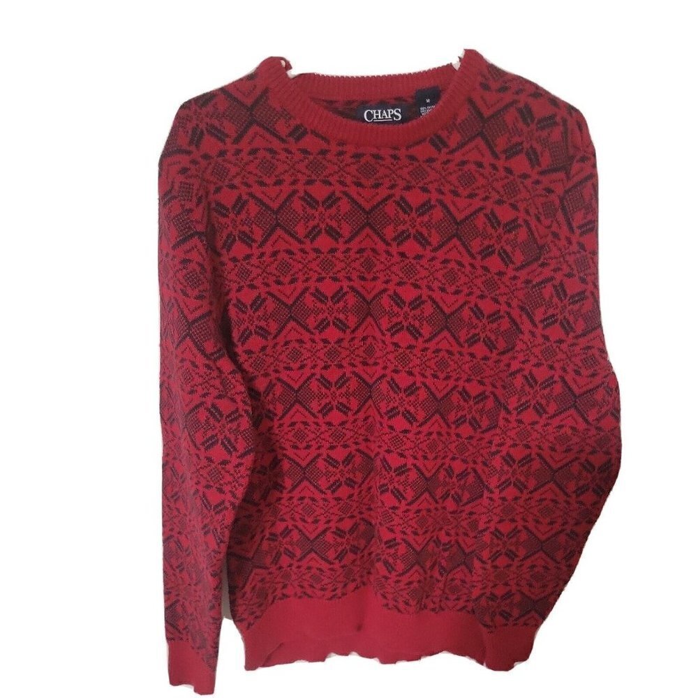 Chaps Red Black Geometric Knit Sweater Mens Medium Fair Isle‎ Pattern Oversized